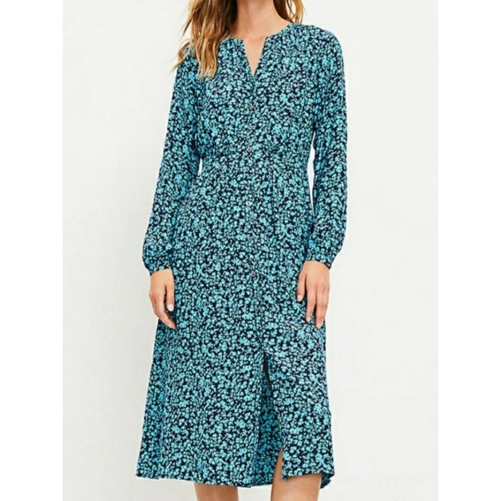 LOFT Blue Floral Button Down Midi Dress Sz 4 Long Sleeve Smocked Cottagecore